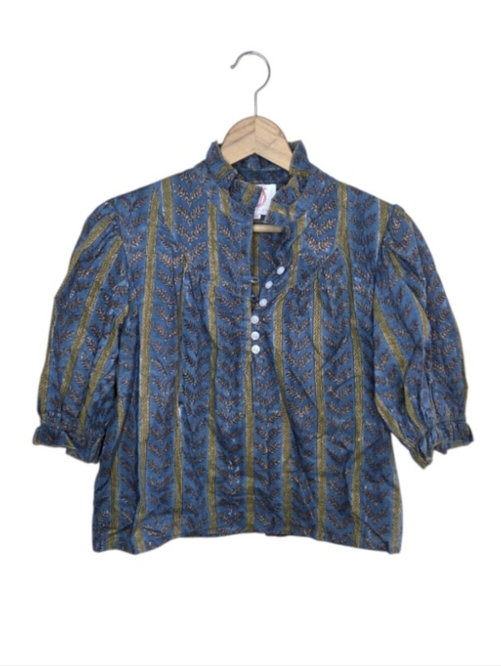 Victoria Dunn Ellie Blouse Navy Blue Olive Green Boho Leaf Print Size XS